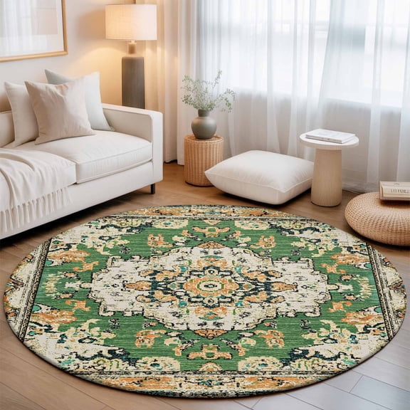 Green Bohemian Ethnic Western Round Rug 5ft Vintage Native Tribal Washable Area Rugs for Living Room Bedroom Entryway Non Slip Entrance Door Mat Indoor Floor Carpet