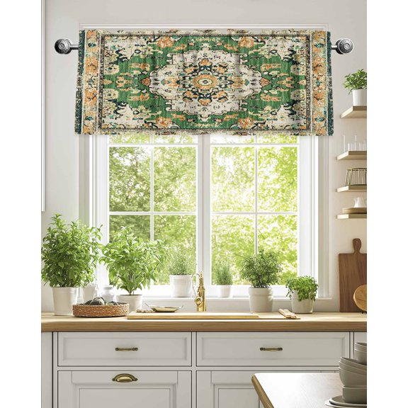 Green Bohemian Ethnic Western Valances for Windows,Kitchen Valance Rod Pocket Short Curtain,Vintage Native Tribal Valance Curtain Window Valances for Bedroom Living Room 54x18in
