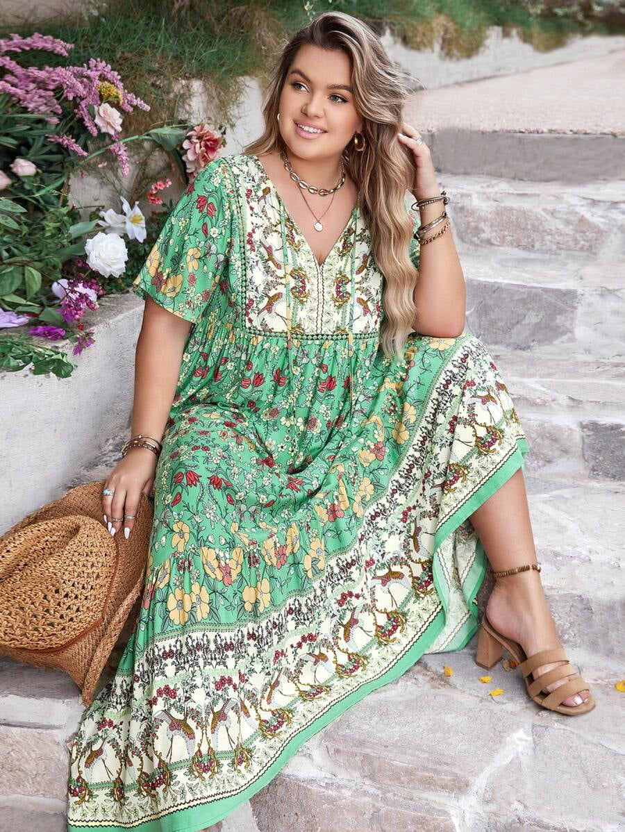 Green Bohemian Plus Size Floral V-Neck Loose Maxi Dress For Summer Beach Holiday Party