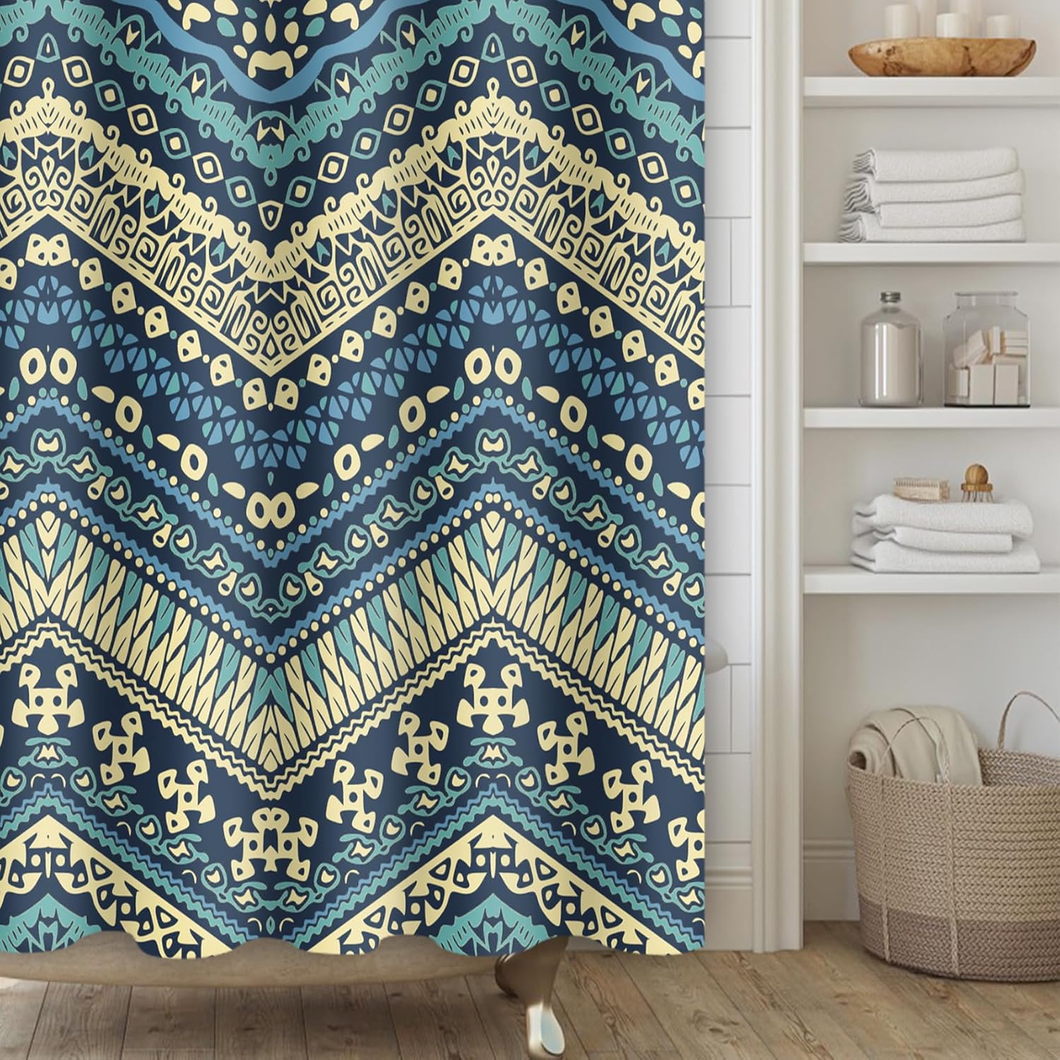 Green Bohemian Shower Curtain,Green Yellow Boho Shower Curtain Set for ...
