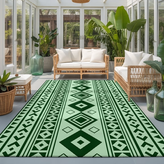 Green Boho 6'x9' Large Area Rugs Moroccan Geometric Striped Folk Modern Farm Zen Washable Area Rugs Non-Slip Indoor Floor Mats Large Carpet for Living Room Bedroom Dining Room