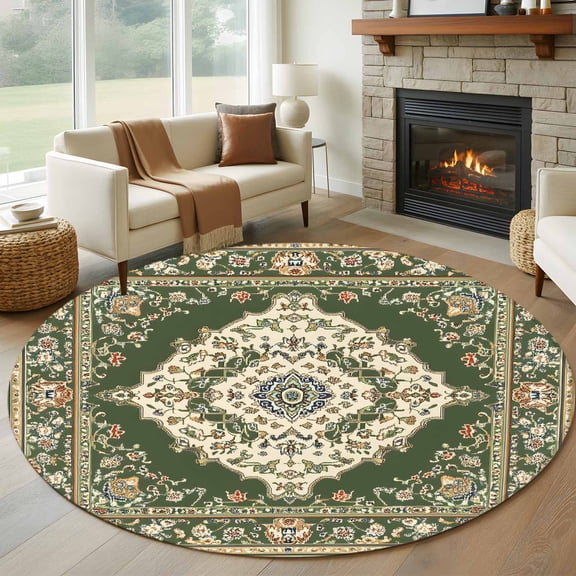 Green Boho 8' Round Area Rug, Chic Traditional Antique Geometric Rustic Washable Non-Slip Large Circle Rugs for Living Room Bedroom, Soft Low Pile Rug Carpet for Dining Room Kitchen Farmhouse