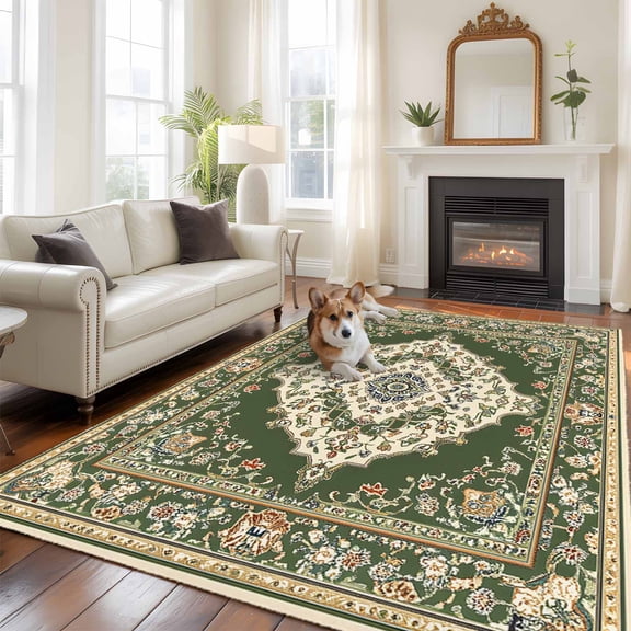 Green Boho Area Rug 5x8 FT, Non Slip Bedroom Throw Carpet, Chic Traditional Antique Geometric Rustic Washable Soft Floor Carpet Non-Shedding Rug for Living Room Nursery Dorm Office