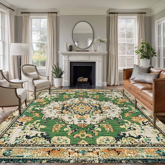 Green Boho Area Rugs 5x7 for Living Room, Vintage Ethnic Tribe Southwestern Non Slip Washable Rug Runner, Low Pile Indoor Floor Carpet Mat Bathroom Rugs for Bedroom, Kids Room