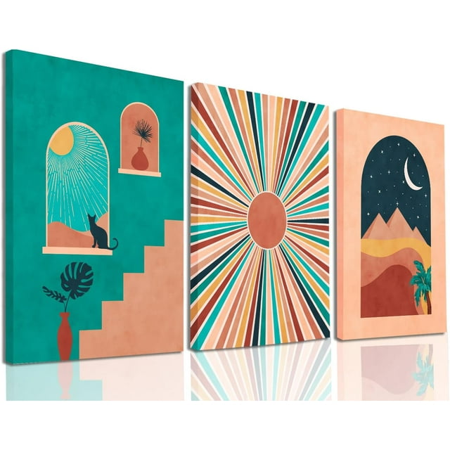 Green Boho Artwork Boho Wall Art Set of 3, Egypt Pyramids, Sun, Desert