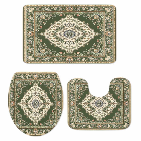 Green Boho Bath Mat 3 Piece Bathroom Rug Set, Chic Traditional Antique Geometric Rustic Non Slip Bath Rug Contour Mat and Toilet Lid Cover, Absorbent Shower Mats Soft Bath Rugs and Mats Sets