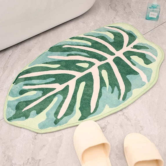 Green Boho Bathroom Rug Non Slip, Cute Leaves Small Bath Mat Soft Absorbent Washable for Tub Shower