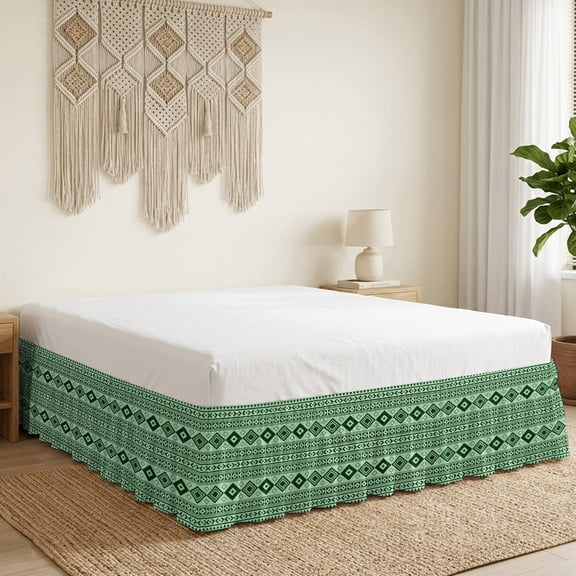 Green Boho Bed Skirt Bed Skirts Queen Size 16 Inch Drop, Moroccan Geometric Striped Folk Modern Farm Zen Wrap Around Dust Ruffle Bedskirt with Adjustable Elastic Belt for Queen Size Beds