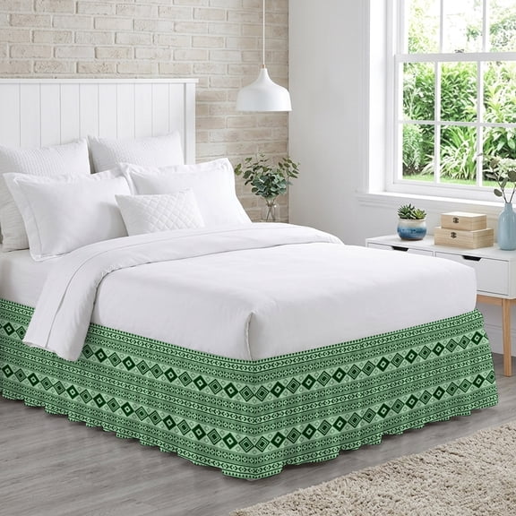 Green Boho Bed Skirt California King Size 18 Inch Drop, Moroccan Geometric Striped Folk Modern Farm Zen Adjustable Elastic Dust Ruffles Bedskirt Wrap Around Pleated Mattress Frame Cover
