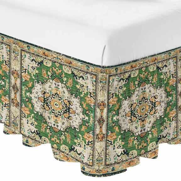 Green Boho Bed Skirt Queen Size 16 Inch Drop, Adjustable & Elastic Wrap Around Bed Skirts Pleated Luxury Dust Ruffles For Twin Full Queen Cal King Base Beds, Farmhouse Tribal Vintage Tribal Texture