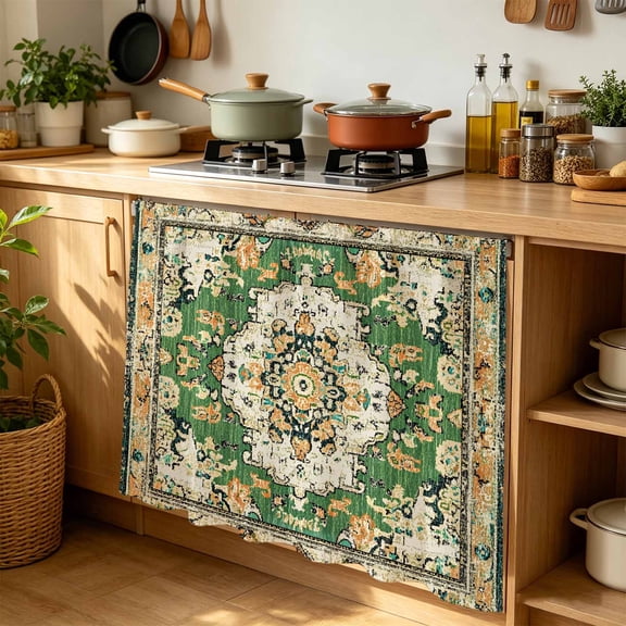 Green Boho Cabinet Curtains 35"W x 35"L, Vintage Ethnic Tribe Southwestern Sink Skirt for Bathroom Kitchen Self Adhesive, Desk Privacy Short Curtain for Under Sink Classroom Closet