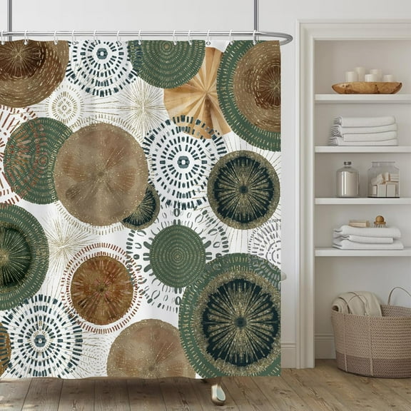 Green Boho Circle Waterproof Shower Curtain,Green Brown Circular Bohemian Shower Curtain Set for Bathroom,Minimalist Abstract Fabric Bath Curtain with Hooks 54"W x 78"L (Pack of 1)