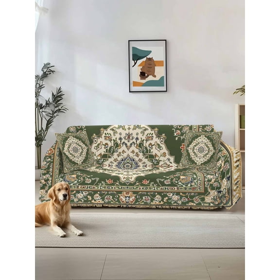 Green Boho Couch Cover, Chic Traditional Antique Geometric Rustic Oversized Sofa Cover Blanket for 3 Cushion Couch,Sectional Sofa Slipcover Furniture Protector for Living Room Bedroom 71''x150''