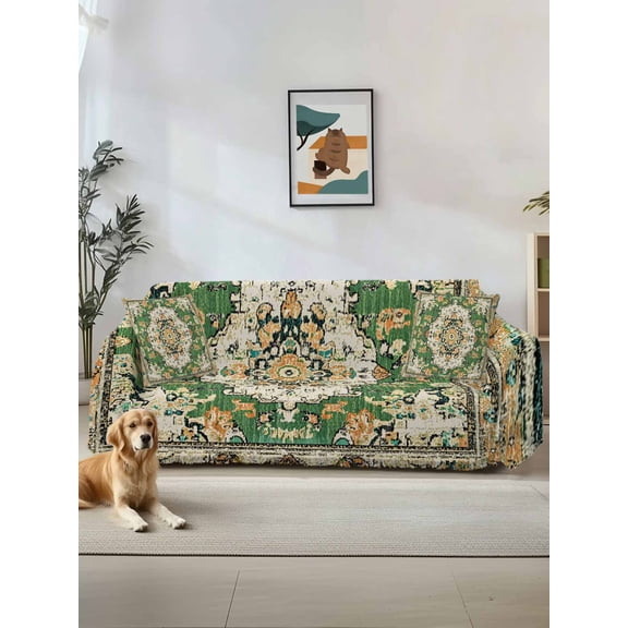 Green Boho Couch Cover, Farmhouse Tribal Vintage Tribal Texture Sofa Cover Blanket for Loveseat Couches, Sectional Sofa Slipcover Furniture Protector for Living Room Bedroom 71''x118''