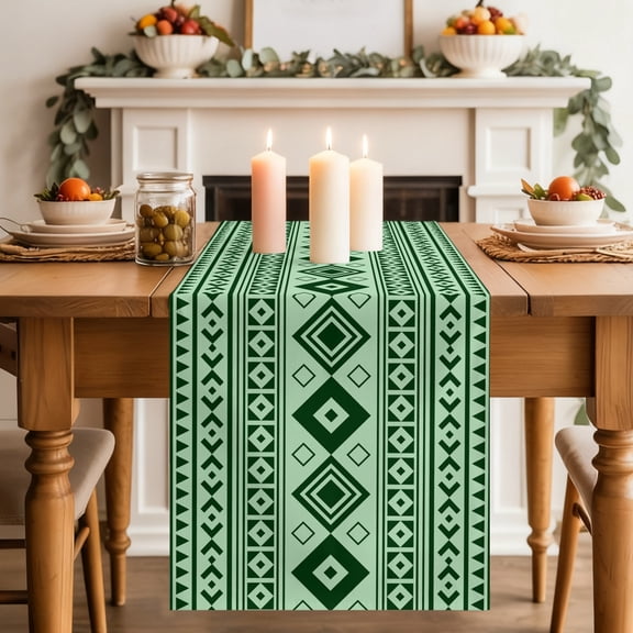 Green Boho Dining Table Runner, Moroccan Geometric Striped Folk Modern Farm Zen Washable Table Runners Kitchen Coffee Table Center Decor for Home Party Holiday Wedding 13 x 70 Inches