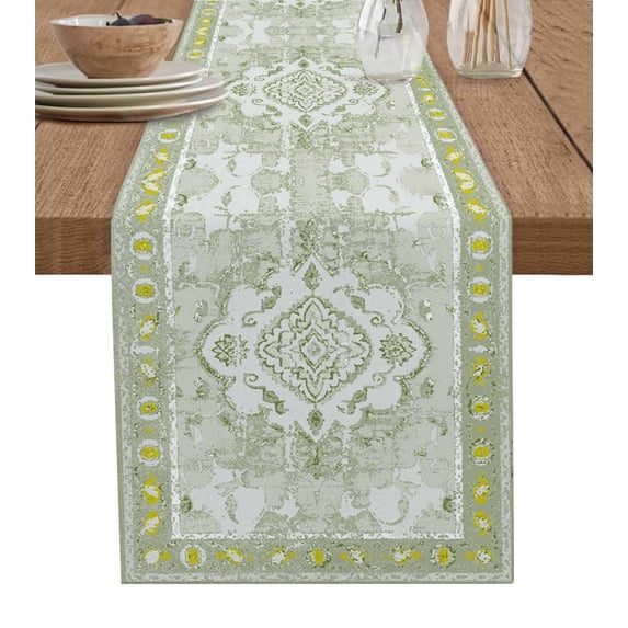 Green Boho Ethnic Table Runners 108 Inches Long, Cotton Linen Fabric Table Runner Dresser Scarf, Vintage East Oriental Tribal Antique Tablerunner for Party/Kitchen/Dinner/Wedding Decor 13''x108''