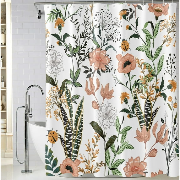 Green Boho Floral Shower Curtain, Flower Leaves Boho Chic Bathroom Curtain, Waterproof Fabric Plant Bathroom Shower Curtains, 72 x 72 Inch