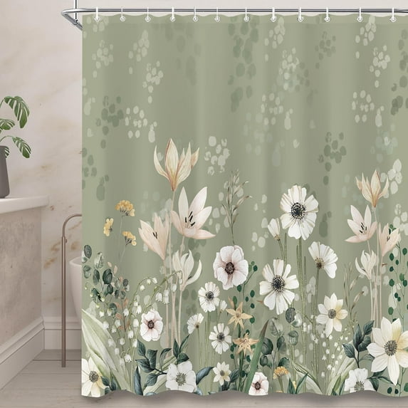 Green Boho Floral Shower Curtain Flower Shower Curtain Set for Bathroom Plant Botanical Leaves Waterproof Bathtub Curtain Decor Wildflower Bathroom Curtain with 12 Hooks 72"W x 96"L (Pack of 1)