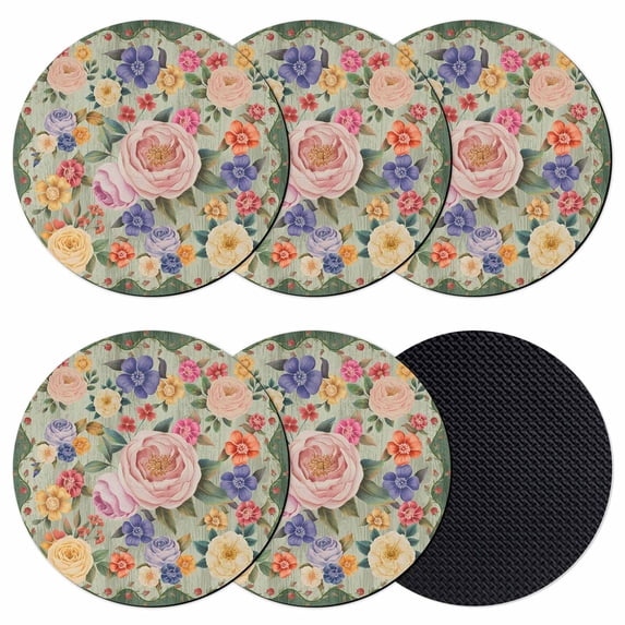 Green Boho Flower Coasters Set of 6, Absorbent Coasters for Drinks, Spring Watercolor Country Floral Plant Coaster for Desk Coffee Table Protection, Home Decor House Warming Gifts 4"