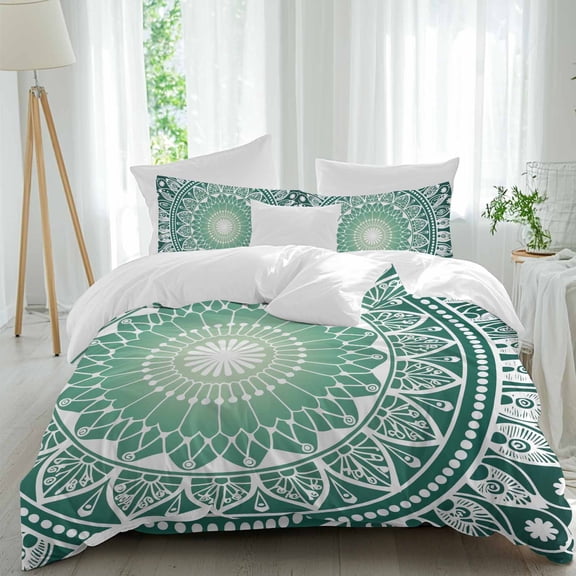 Green Boho Flower Queen Size Comforter Set, Geometric Bohemian Round Green Gradient Floral Bedding for All Seasons, 4 Pcs Bed Set, 1Quiltcover (90"x92") ,1Sheet(94"x116"), 2Pillowcases (30"x20")