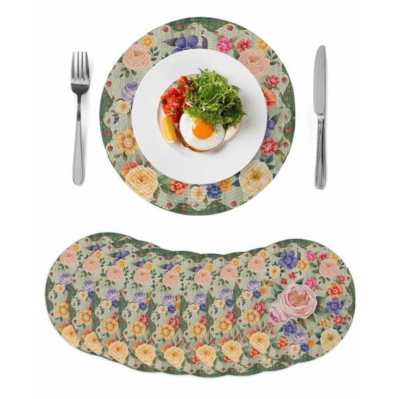 Green Boho Flower Round 15 Inch Placemats Set of 8, Spring Watercolor Country Floral Plant HeatResistant Non Slip Place Mats for Dining Table, Wipeable Braided Kitchen Table Mats for Housewarming