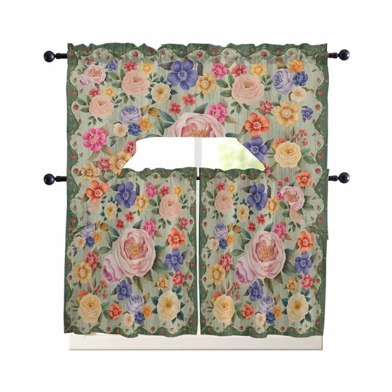 Green Boho Flower Swag Kitchen Curtains Sets for Windows 24 Inch Length, Spring Watercolor Country Floral Plant Short Window Curtain Panels Swags Valances and Tiers 3 Piece Set for Cafe/Dining Room
