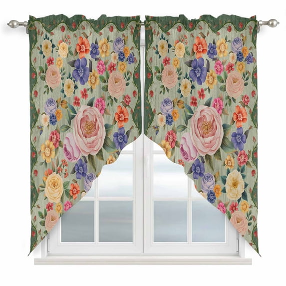Green Boho Flower Swag Valances for Windows, Kitchen Window Curtains Over Sink, Spring Watercolor Country Floral Plant Window Treatment Curtains for Living Room/Bedroom Curtains 2 Panel Sets 36"x45"