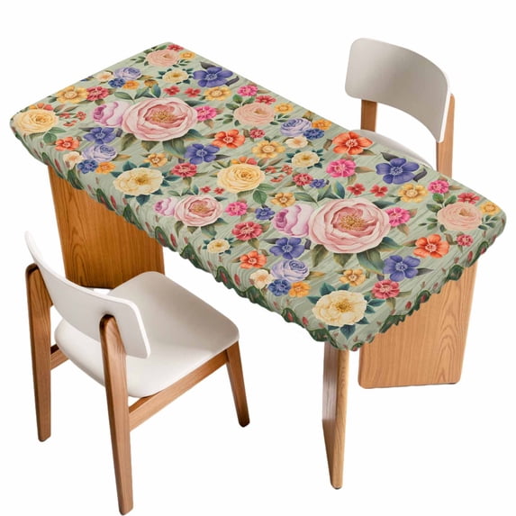 Green Boho Flower Table Cloths for 3 Foot Rectangle Tables, Spring Watercolor Country Floral Plant Patio Waterproof Elastic Fitted Tablecloths, Washable Rectangular Table Cover for Camping