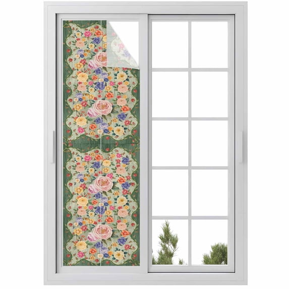 Green Boho Flower Window Privacy Film, Spring Watercolor Country Floral Plant Static Cling UV Sun Blocking Heat Control Window Tint Day and Night, Non-Adhesive One Way Privacy Cover 17.7''x78.7''