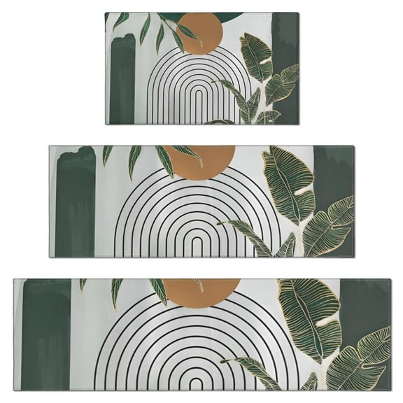 Green Boho Geometric and Plant Pattern (4) Kitchen Rugs Sets Of 3,Kitchen Runner Rugs Non Skid Washable,Decorative Kitchen Floor Mats for Kitchen,Sink,Laundry,17"x30"+ 17"x47" + 17"x59"