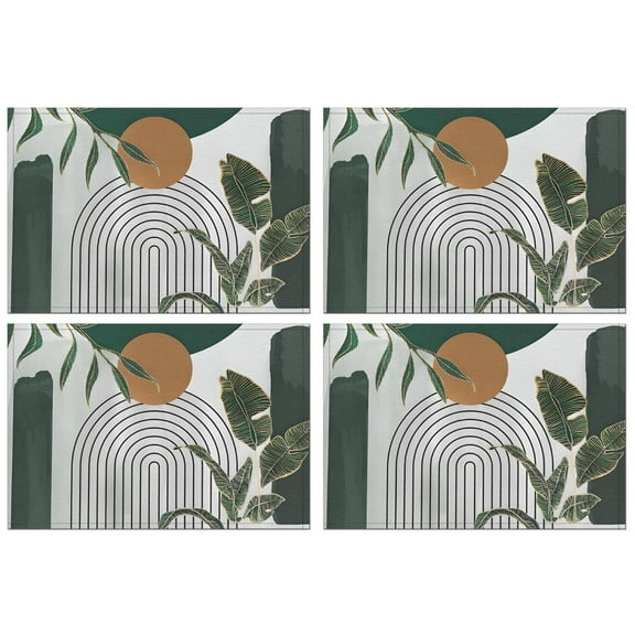 Green Boho Geometric and Plant Pattern (4) Summer Placemats Table Placemats Set Of 4-Linen Kitchen Washable Placemats Table Mats 11.8"x17.7" Non-Slip Heat Resistant