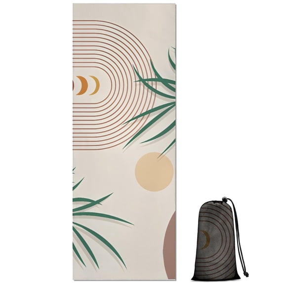 Green Boho Geometric and Plant Pattern Hot Yoga Mat Towel Non Slip for Hot Yoga - Quick-Drying Yoga Mat Cover with 4 Corner Pockets with Travel Bag - Hot Yoga Towel Non Slip 74"x26"