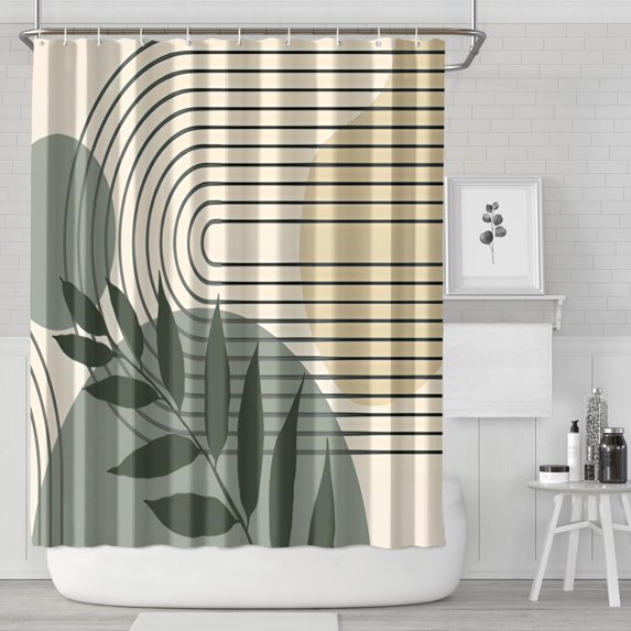 Green Boho Geometric and Plant Pattern Shower Curtain 84"x72" ,Bathroom Decorative Shower Curtains Set with 12 Hooks,Modern Waterproof Washable Shower Curtain