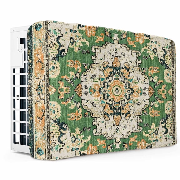 Green Boho Indoor Air Conditioner Cover, Double Insulated AC Covers for Inside, Farmhouse Tribal Vintage Tribal Texture Waterproof Window Air Conditioner Covers with Elastic Straps 17"Lx13"Wx3.5"D