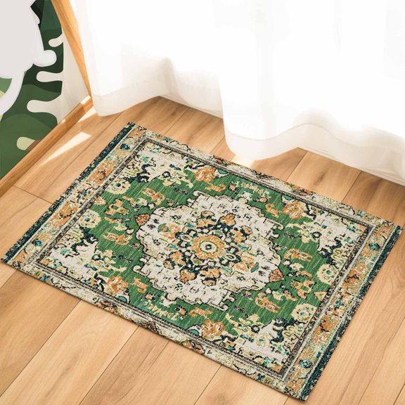 Green Boho Indoor Door Mat - 16"x24", Non-Slip Welcome Mat for Outdoor, Vintage Ethnic Tribe Southwestern Front Doormat for Entry, Low-Profile Doormat Entrance Rug for Kitchen/Bathroom