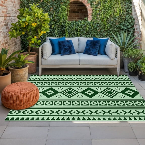Green Boho Indoor Outdoor Rugs 4x6 Ft, Moroccan Geometric Striped Folk Modern Farm Zen Outdoor Patio Rugs Mat Washable Outside Area Rugs Carpet for Porch Deck RV Camping Pool Balcony Backyard