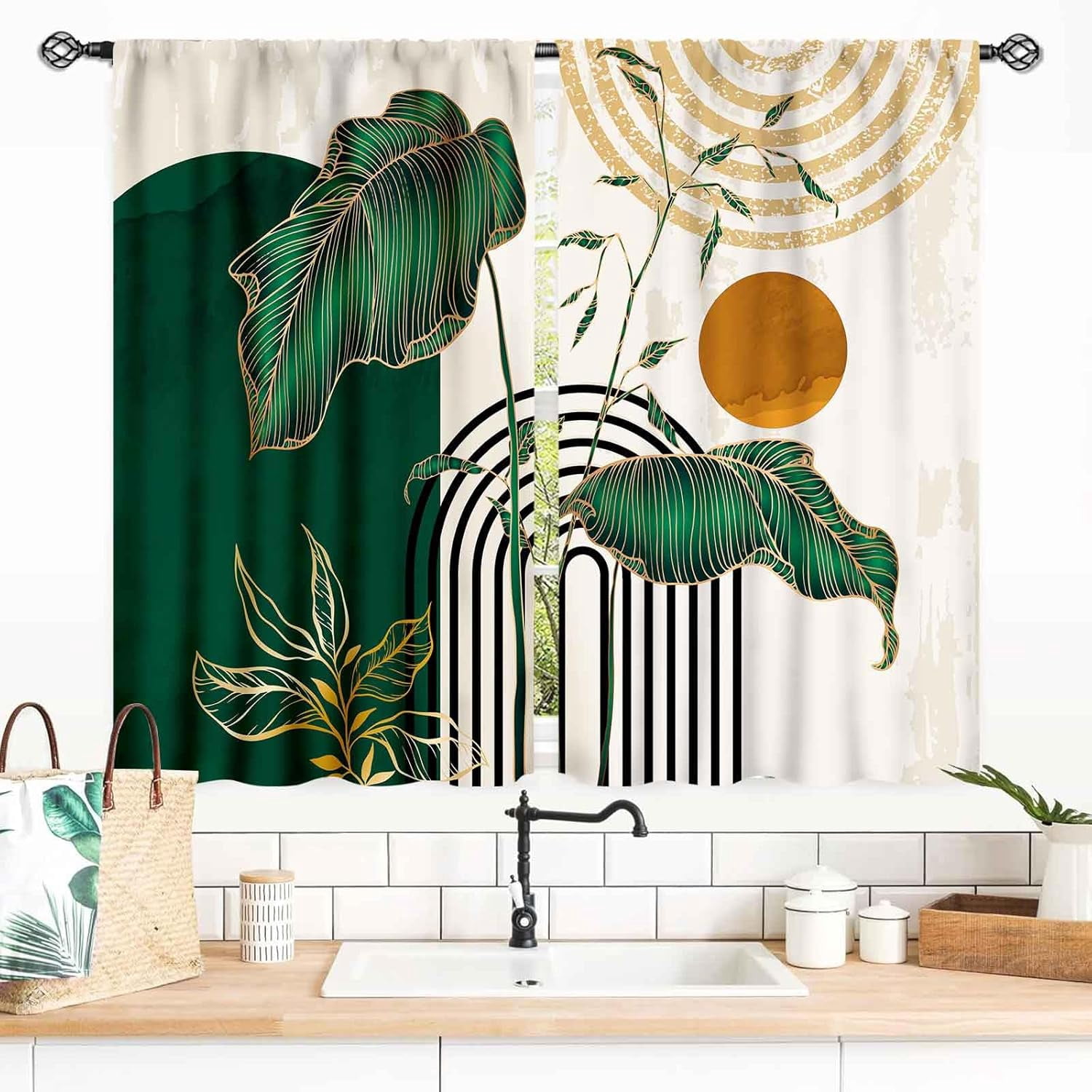 MitoVilla Boho Kitchen Curtains 36" Length - 2 Panel Set, Cotton Linen Blend, Orange, Farmhouse Tier Style