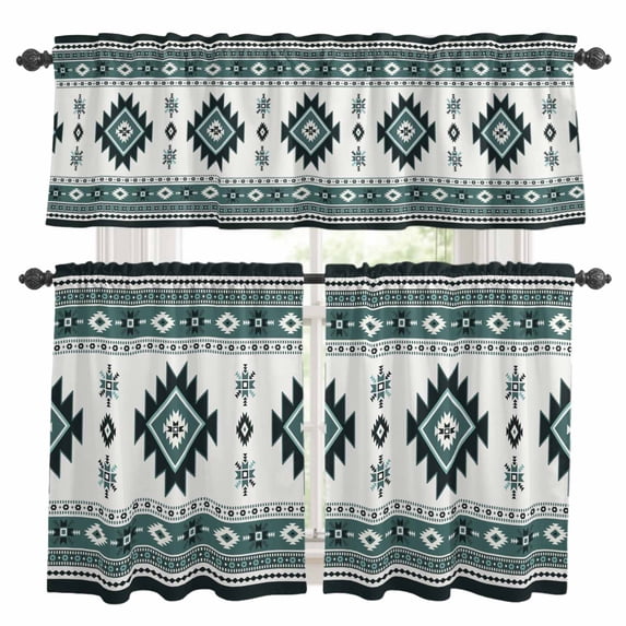 Green Boho Kitchen Curtains Sets for Windows 24 Inch Length, Ethnic Tribal Aztec Abstract Geometric Motifs Rod Pocket Window Treatments Tier Curtains and Valances Set for Bedroom/Bathroom