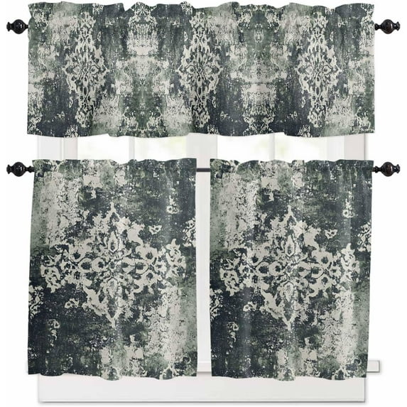 Green Boho Kitchen Curtains and Valances Set, Rod Pocket Curtains Tier Farmhouse Window Curtains 24 Inch Length, Shabby Ombre Retro Chic Flowers Texture 3 Piece Kitchen Curtains Set