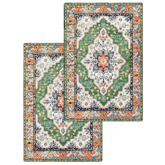 Green Boho Kitchen Dish Towels for Drying Dishes Set of 2, Ethnic Geometric Middle Century Art Waffle Weave Microfiber Hand Tea Bathroom Towels Quick Dry & Absorbent Towel 15.7x23.6