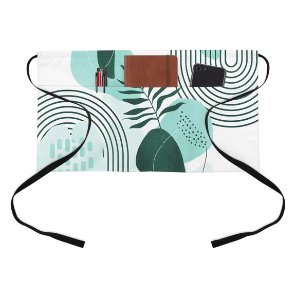 Green Boho Kitchen Restaurant Half Waist Apron, Medieval Leaves Geometric Lines Abstract Server Short Apron with 3 Pockets Waterproof Oil Waist Aprons for Women Waitress Waiter