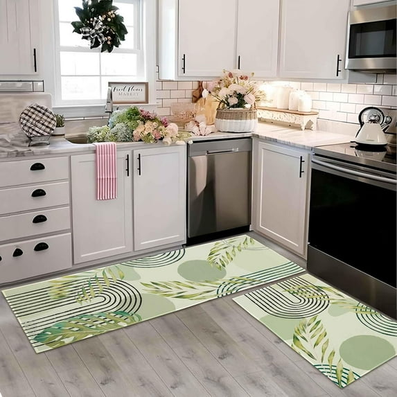 Green Boho Kitchen Rugs and Mats Set of 2, Non Slip Backing Bohemian Kitchen Rug Mid Century Modern Decor Seasonal Farmhouse Abstract Tropical Leaves Low-Profile Kitchen Floor Mat 17"X47"+17"X30"