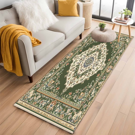 Green Boho Kitchen Runner Rug 2x6 Washable Runners for Hallway Non Slip Chic Traditional Antique Geometric Rustic Large Area Rug Indoor Floor Carpet for Bathroom Laundry Entryway Bedroom Living Room