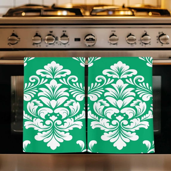 Green Boho Kitchen Towels Set of 3, Vintage Classic Bohemia Flower Textured Absorbent Dish Towels for Kitchen, Microfiber Hand Towel, Quick Drying Tea Towel for Cleaning Decorative Dishcloths