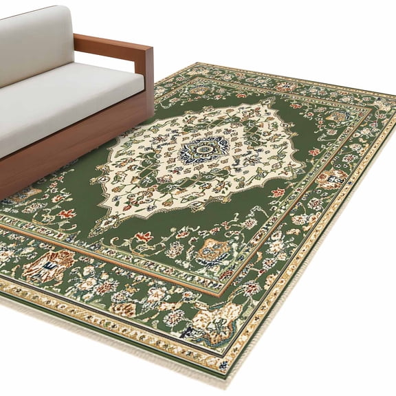 Green Boho Large Area Rugs for Bedroom Living Room, Soft Non Slip Carpet Bedside Rug, Chic Traditional Antique Geometric Rustic Rectangular Floor Cover Kitchen Accent Rug 3'x5' for Dining Room/Office