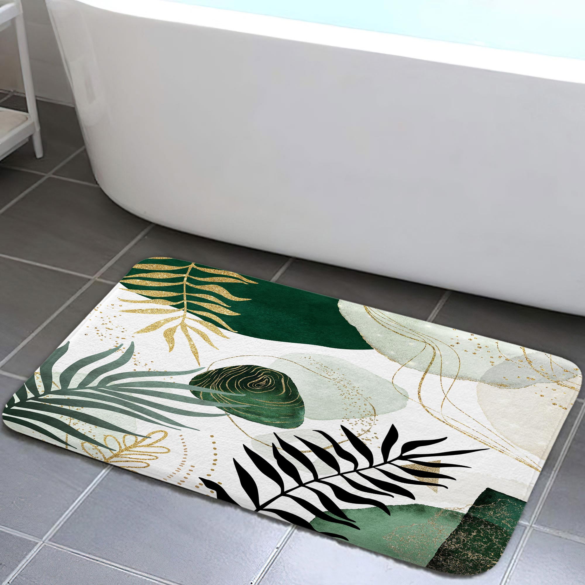 Green Boho Leaves Bathroom Rugs, Modern Abstraction Mid Century Bath ...