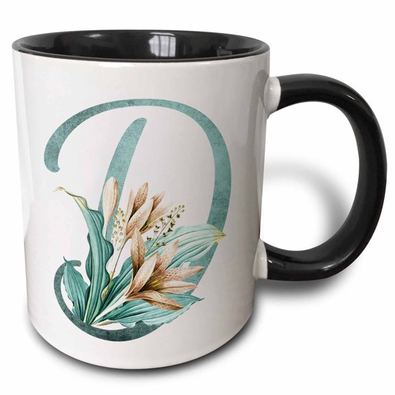 3drose, Green Boho Lily Monogram Initial D, 11oz Two-tone Black Mug