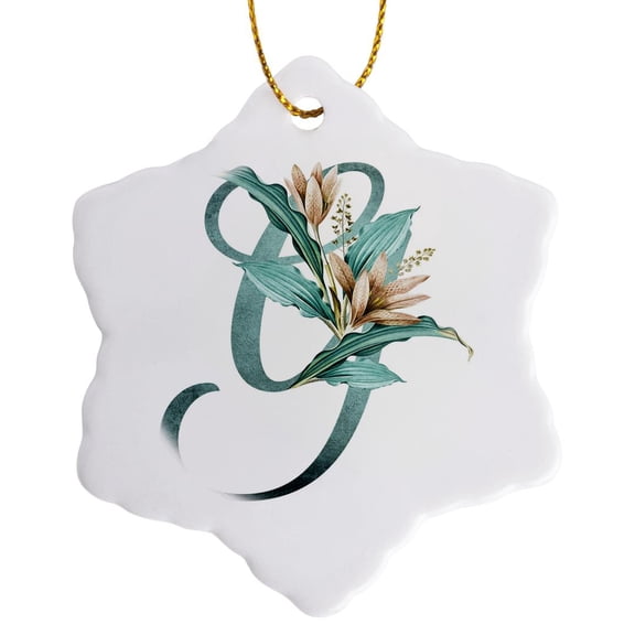 3drose, Green Boho Lily Monogram Initial G, 3 inch Snowflake Porcelain Ornament