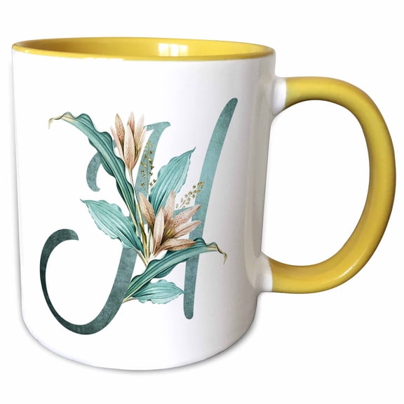 3drose, Green Boho Lily Monogram Initial H, 15oz Two-tone Yellow Mug