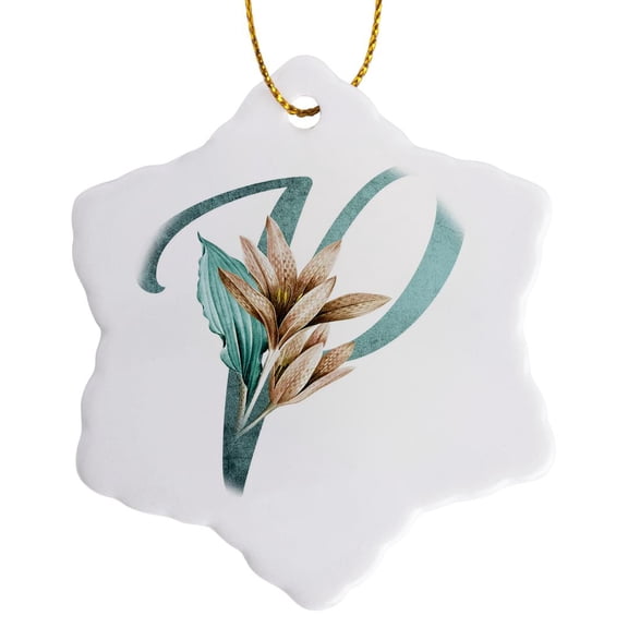 3drose, Green Boho Lily Monogram Initial P, 3 inch Snowflake Porcelain Ornament